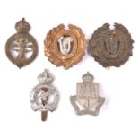 5 good Colonial OR’s cap badges: West India Regt BM, West India Regt brass, Gibraltar Defence Force