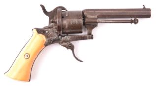 A Belgian 6 shot 7mm double action pinfire revolver, c 1865, octagonal barrel 85mm; Liege proved;