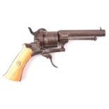 A Belgian 6 shot 7mm double action pinfire revolver, c 1865, octagonal barrel 85mm; Liege proved;