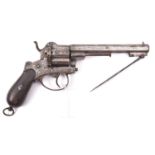 A Spanish 6 shot 12mm double action pinfire revolver with folding knife bayonet, c 1865, number 25,