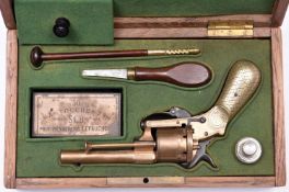 A Belgian 6 shot 7mm double action pinfire revolver, c 1865, the barrel, cylinder and frame of