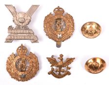 4 cap badges: GRV and GRVI Ryl Engineers Militia (WM “M” overlay), WWII Lowland Regiment, and 26th