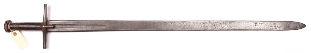 A 19th century Sudanese sword Kaskara, broad DE blade 36", naively engraved with a small hut,