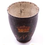 A Georgian leather fire bucket, height 12½”, painted black with coloured Earl’s coronet over initial