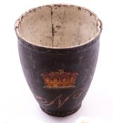 A Georgian leather fire bucket, height 12½”, painted black with coloured Earl’s coronet over initial