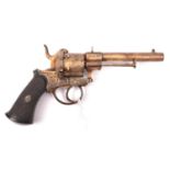 A lightly gold plated Belgian 6 shot 9mm Lefaucheux type double action pinfire revolver, c1865,