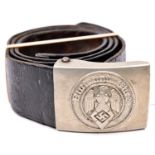 A Third Reich Hitler Youth nickel alloy buckle, GC, on its black patent leather belt by Courier (