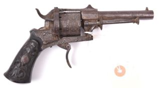 A Belgian 6 shot 7mm Meyers Patent closed frame double action pinfire revolver, c 1865, round