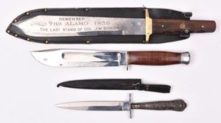 A large Bowie knife, blade 10½” etched “Siege of the Alamo 1836 Col Jim Bowies last stand”, rosewood
