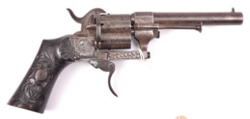 A Belgian 6 shot 7mm Chaineux double action pinfire revolver, c 1865, round twist barrel 95mm, the