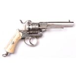 A Belgian presentation engraved 6 shot 9mm double action pinfire revolver, c 1865; octagonal barrel