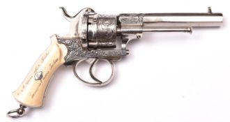 A Belgian presentation engraved 6 shot 9mm double action pinfire revolver, c 1865; octagonal barrel