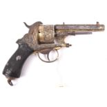 A Belgian 6 shot 12mm Chamelot & Delvigne double action pinfire revolver, c 1865, lightly gold
