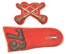 A Vic trumpeter’s gilt bullion embroidered arm badge on scarlet cloth backing; a 73rd Regiment