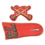 A Vic trumpeter’s gilt bullion embroidered arm badge on scarlet cloth backing; a 73rd Regiment