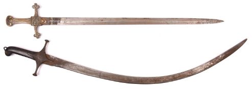 An 1856 pattern Bandsman’s sword, blade 24"; a mameluke sword, curved blade 26½”, horn hilt. QGC (