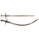 An 1856 pattern Bandsman’s sword, blade 24"; a mameluke sword, curved blade 26½”, horn hilt. QGC (