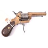 A French 6 shot 7mm double action pinfire revolver, c 1866, with one piece bronze frame and barrel,