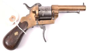 A French 6 shot 7mm double action pinfire revolver, c 1866, with one piece bronze frame and barrel,