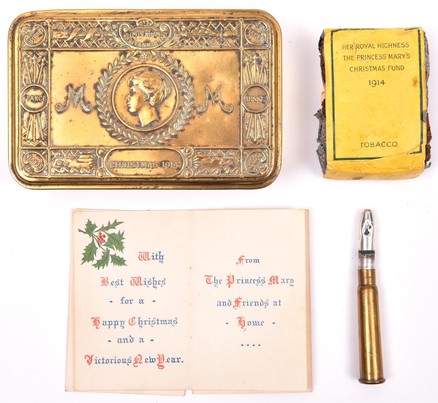 A WWI Princess Mary 1914 gift tin, with card, bullet pencil and packet of original tobacco. GC £