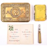 A WWI Princess Mary 1914 gift tin, with card, bullet pencil and packet of original tobacco. GC £