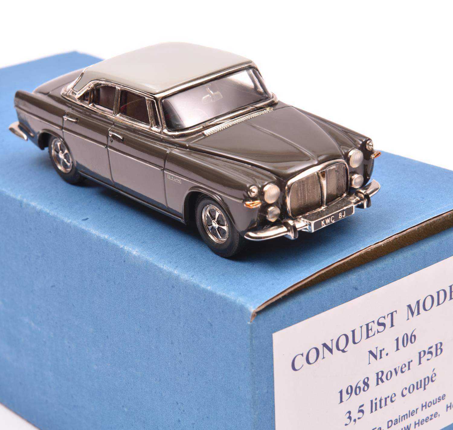 Conquest Models No.106 1968 Rover P.5B 3.5 Litre Coupe. In Burnt Grey and Silver Birch. Boxed. Mint.