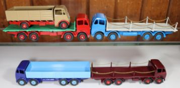 5 well restored Commercial Dinky Toys. Foden FG Flatbed Wagon. Red cab and chassis with mid green