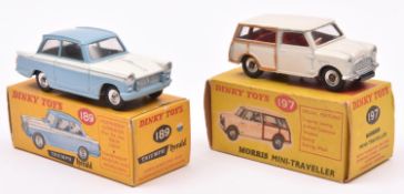 2 Dinky toys. Triumph Herald (189). In pale blue and white. Plus a Morris Mini Traveller (197). In