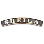 A brass locomotive or traction engine nameplate 'Sheila'. A substantial plate with deeply cast