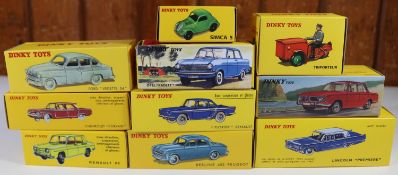 10 Atlas French Dinky Toys. Chevrolet Corvair, Renault R8, Opel Kadett, Peugeot 403 Berline, Lincoln