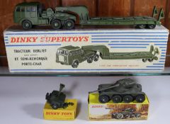 3 French Dinky Military Toys. Tracteur Berliet et Semi Remorque Porte-Char (890). Plus a EBR Panhard