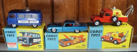 3 Corgi Toys. Ghia L.6.4 (241). In metallic blue with red interior. Land Rover Breakdown Truck (