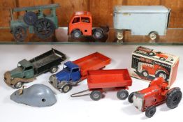 6x Tri-ang Minic clockwork commerical vehicles etc. Farm Tractor & Trailer (83M) in red, both with