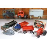 6x Tri-ang Minic clockwork commerical vehicles etc. Farm Tractor & Trailer (83M) in red, both with