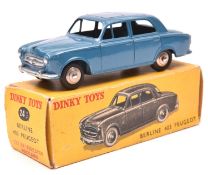 French Dinky Toys Peugeot 403 Berline (24B). An example in mid blue with plated ridged wheels and