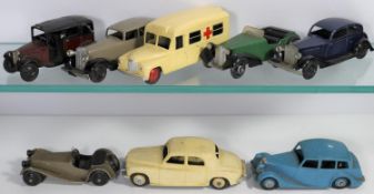 8x Dinky Toys 30/38 Series etc vehicles. Rolls Royce (30b) in dark blue with black running boards.