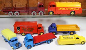 7 well restored Commercial Dinky Toys. Guy Van in bright red Golden Shred livery, with yellow