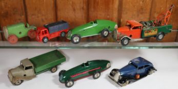 6x Tri-ang Minic clockwork commerical vehicles etc. Tractor (26M) in green, with wooden wheels.