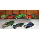 6x Tri-ang Minic clockwork commerical vehicles etc. Tractor (26M) in green, with wooden wheels.