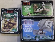 3x Star Wars small vehicles/accessories. A Palitoy Return of the Jedi Ewok Assault Catapault (