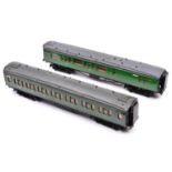 2x O gauge coarse scale Southern Railway corridor coaches. Kit-built bogie coaches on wooden