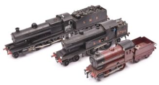 3x O gauge coarse scale clockwork LMS locomotives. A kit-built brass 2-6-0 tender loco, 263, in