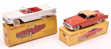 2 French Dinky Toys. Ford Thunderbird Cabriolet (555). In white with red interior, dished spun