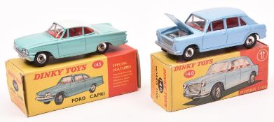 2 Dinky Toys. Ford Capri (143). In turquoise with white roof and red interior. Plus a Morris 1100 (