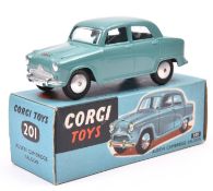 Corgi Toys Austin Cambridge Saloon (201). An example in turquoise with smooth spun wheels and