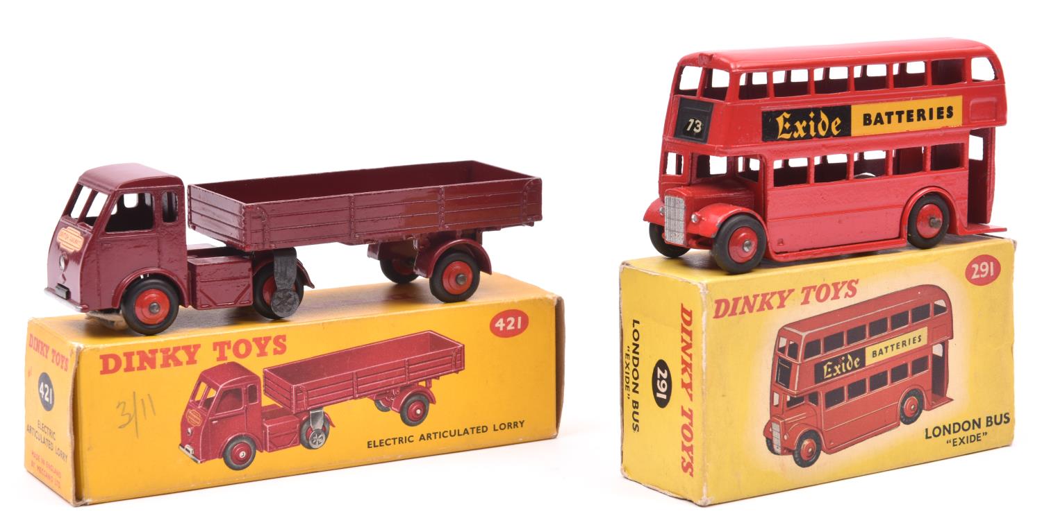 2 Dinky Toys. A Leyland London Bus (291). Example in red with 'Exide Batteries' adverts. Plus an