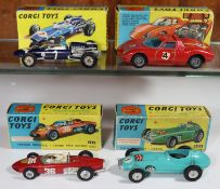 4 Corgi Toys Racing Cars. 3 single seaters- B.R.M. Formula 1 Grand Prix (152S). In turquoise, RN1.