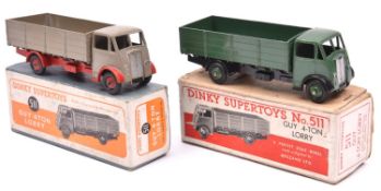 2 Dinky Supertoys Guy 4-ton lorry (511). Both examples with first type cab. One in fawn with red