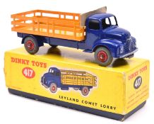 Dinky Toys Leyland Comet Lorry (417). Example with dark blue cab and chassis, deep yellow body and