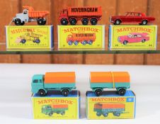 5x Matchbox Series vehicles. Mercedes Truck (1e) in turquoise with orange tilt and black plastic